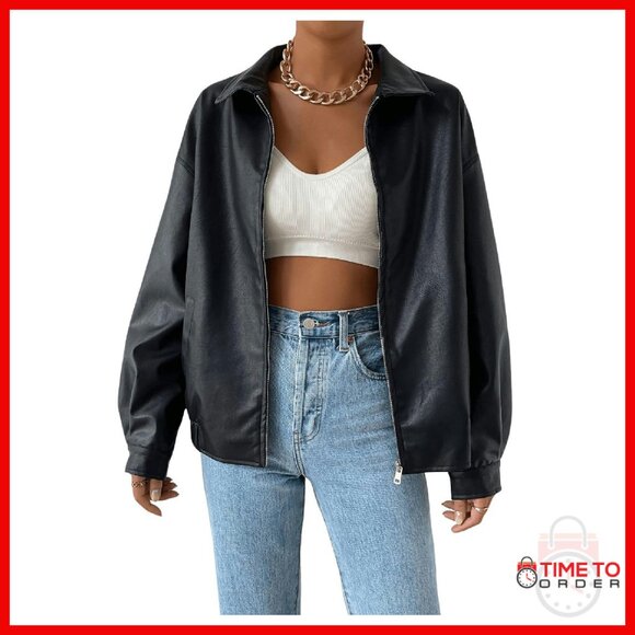Faux Leather Shacket Zip Up Motorcycle Jacket Biker Coat Women's